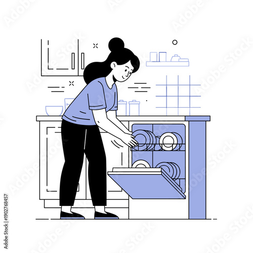 Young hispanic female loading dishes into dishwasher in modern kitchen