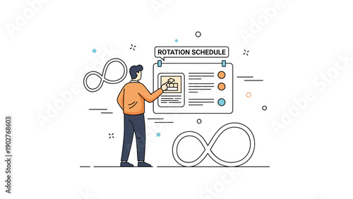 Young male organizing rotation schedule with infinite patterns and documents