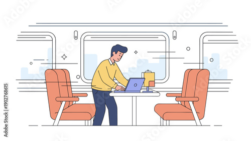 Young male working on laptop in train with comfortable seating and scenic view