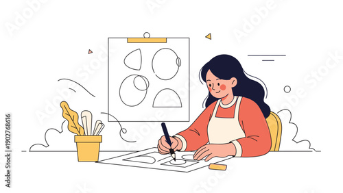 Young female asian artist creating abstract geometric drawings in studio