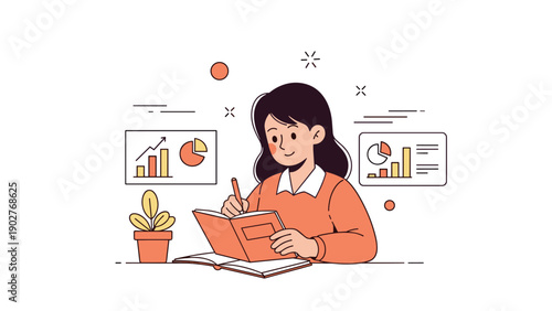 Young asian female analyzing data and graphs while taking notes at desk