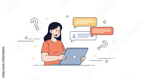 Young caucasian female customer support agent assisting with laptop and chat bubbles