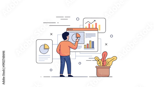 Young asian male analyzing data on interactive graphs and charts