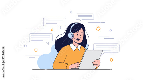 Young asian female customer support agent working on tablet with headset