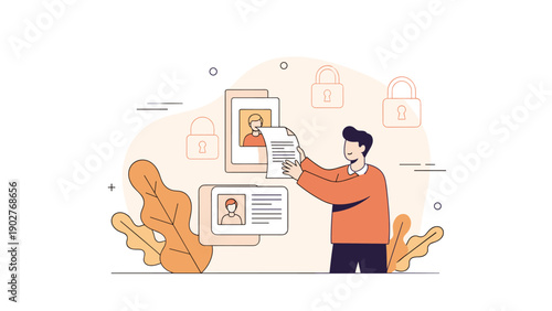 Young caucasian male managing digital profiles with enhanced security features