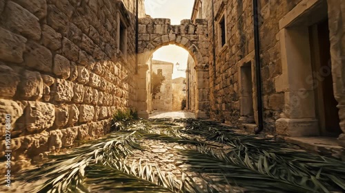 Scenic street from the bible with palms lining the cobblestone path during the time before Easter, depicting the atmosphere of Lent and Palm Sunday.