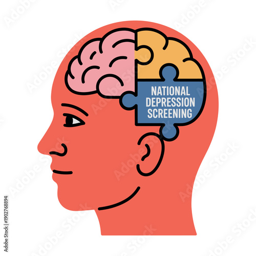 A graphic illustration of a human head with a brain puzzle piece highlighting national depression screening.