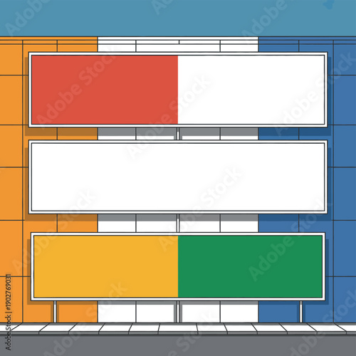 A colorful building with blank billboards on its facade in a modern city setting.