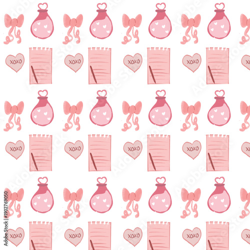 Charming Pink Valentine's Day Pattern Featuring Hearts, Bows, and Love Notes with a Pencil
