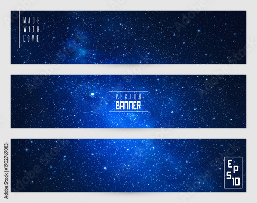 Cosmic blue horizontal banner set. Dark night starry sky and Milky Way