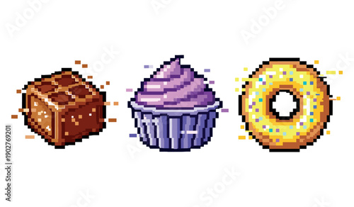 Pixel art sweets: chocolate, cupcake, and donut in vibrant detail