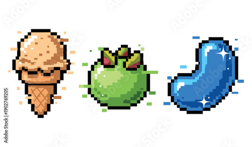 Pixel art ice cream cone green apple blue jelly bean