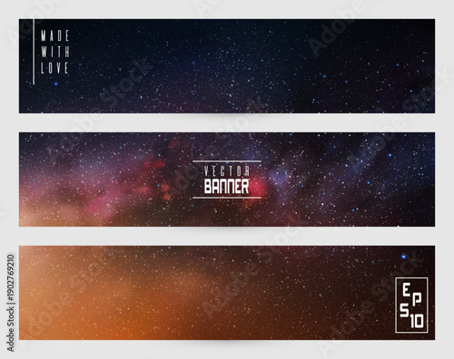 Dark night starry sky and Milky Way. Purple blue horizontal banners set