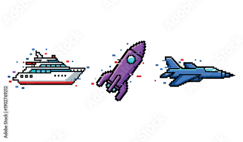 Pixel art yacht, rocket, and jet airplane on white background
