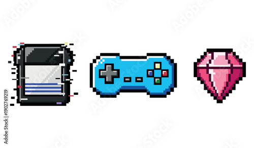 Retro pixel art: game console, controller, and gem on white background