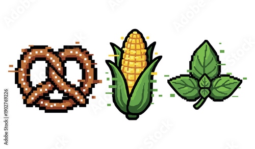 Pixel art: pretzel, corn, and mint leaves icons in retro style