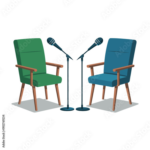 Two chairs with microphones for a discussion or interview in a modern setting with white background