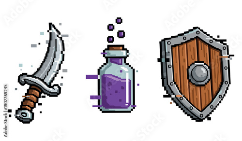 Pixel art: sword, potion, and shield icons for retro video games