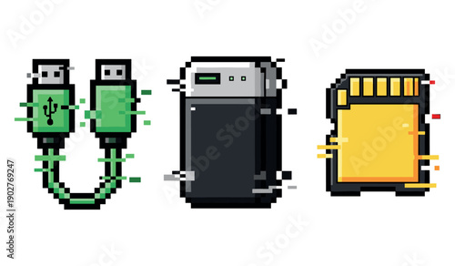 Pixel art usb cable, power bank, and sd card on white background