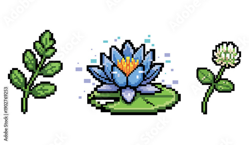 Pixel art water lily with mint and clover plants on white background