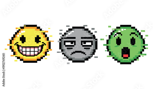Pixel art emojis: smiling yellow, indifferent grey, surprised green faces
