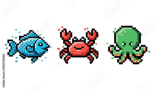 Retro pixel art animals: fish, crab, and octopus on white background