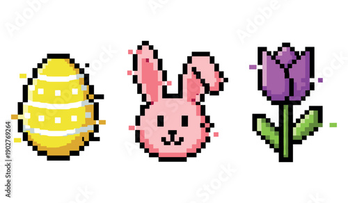 Pixel art easter egg, bunny face, and tulip flower icons