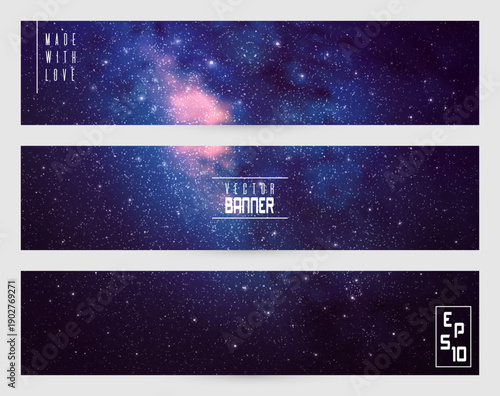 Night starry sky and Milky Way. Cosmic blue horizontal banners set