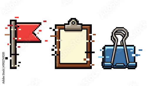 Pixel art office icons: flag, clipboard, binder clip on white background