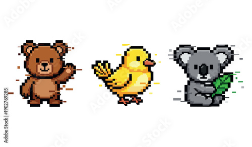 Pixel art animals: bear, bird, and koala with leaf
