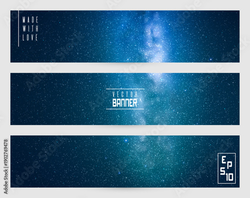 Dark night starry sky and Milky Way. Cosmic blue horizontal banner set