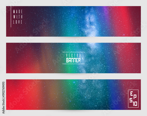 Rainbow Northern lights and Milky Way. Abstract vector banner set