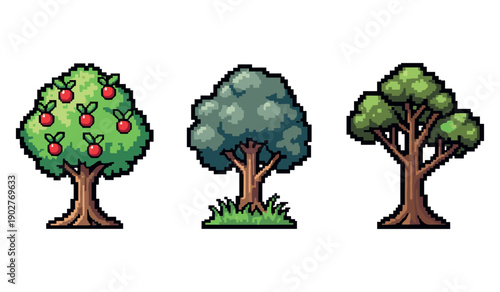 Colorful pixel art trees: apple, oak, pine representations