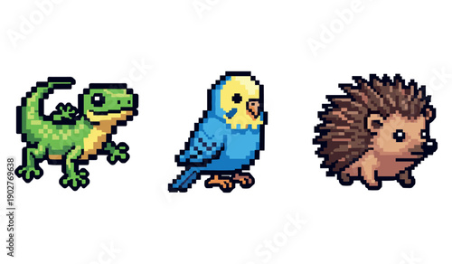 Pixel art animals: gecko, parakeet, and porcupine on white background