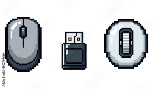 Pixel art wireless computer mouse and usb receiver set on white background