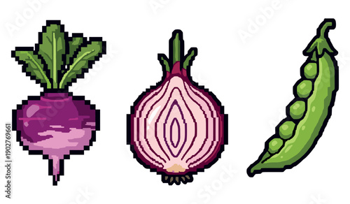 Pixel art vegetables: turnip, onion, and peas on white background