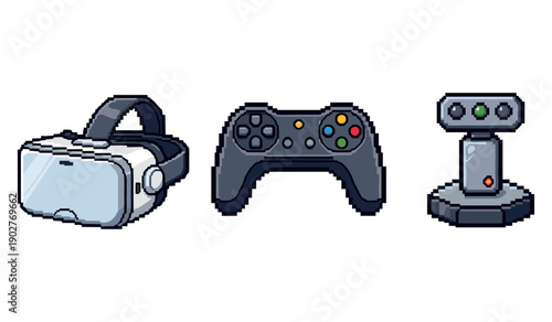 Pixel art gaming: vr headset, controller, and gaming console
