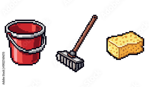 Pixel art cleaning supplies: red bucket, broom, sponge with white background
