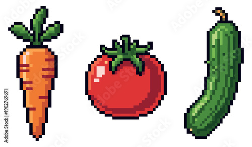 Pixel art vegetables: carrot, tomato, cucumber in retro style