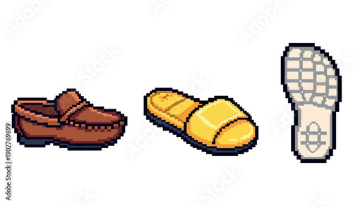 Pixel art collection of shoes including loafer, sandal, and sole view