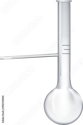 A glass beaker with a long handle is sitting on a white background