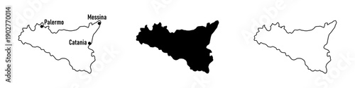 Stylized Simple Basic Sicily Island of Italy Map Icon Set with Various Styles including Outline Contour and Flat Solid Silhouette. Vector Image.