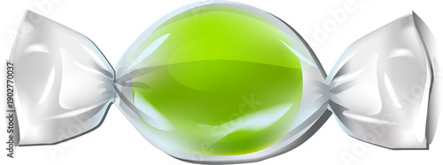 A green candy in a plastic wrapper