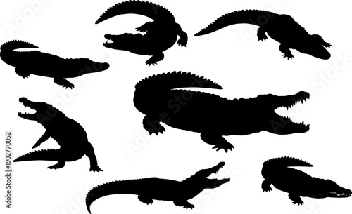 Crocodile and alligator silhouette set featuring aggressive reptile poses, open jaws, crawling, side views, wildlife predator vector illustration