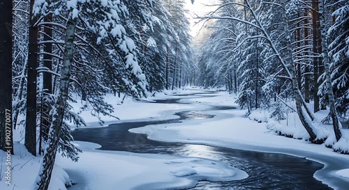 Snow Covered Forest Road in Winter Landscape