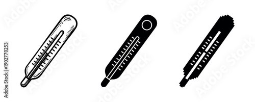 Collection of analog and digital thermometers on white background