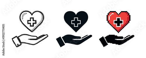 Healthcare symbols: hands holding heart icons with medical cross