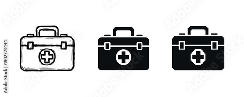 Three first aid kits: sketched, solid, and pixel art variations