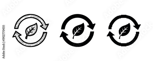 Recycling symbol variations with leaf: black, outline, sketch designs