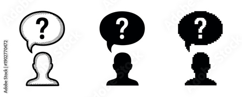 Silhouette profiles with question marks in speech bubbles illustrating uncertainty